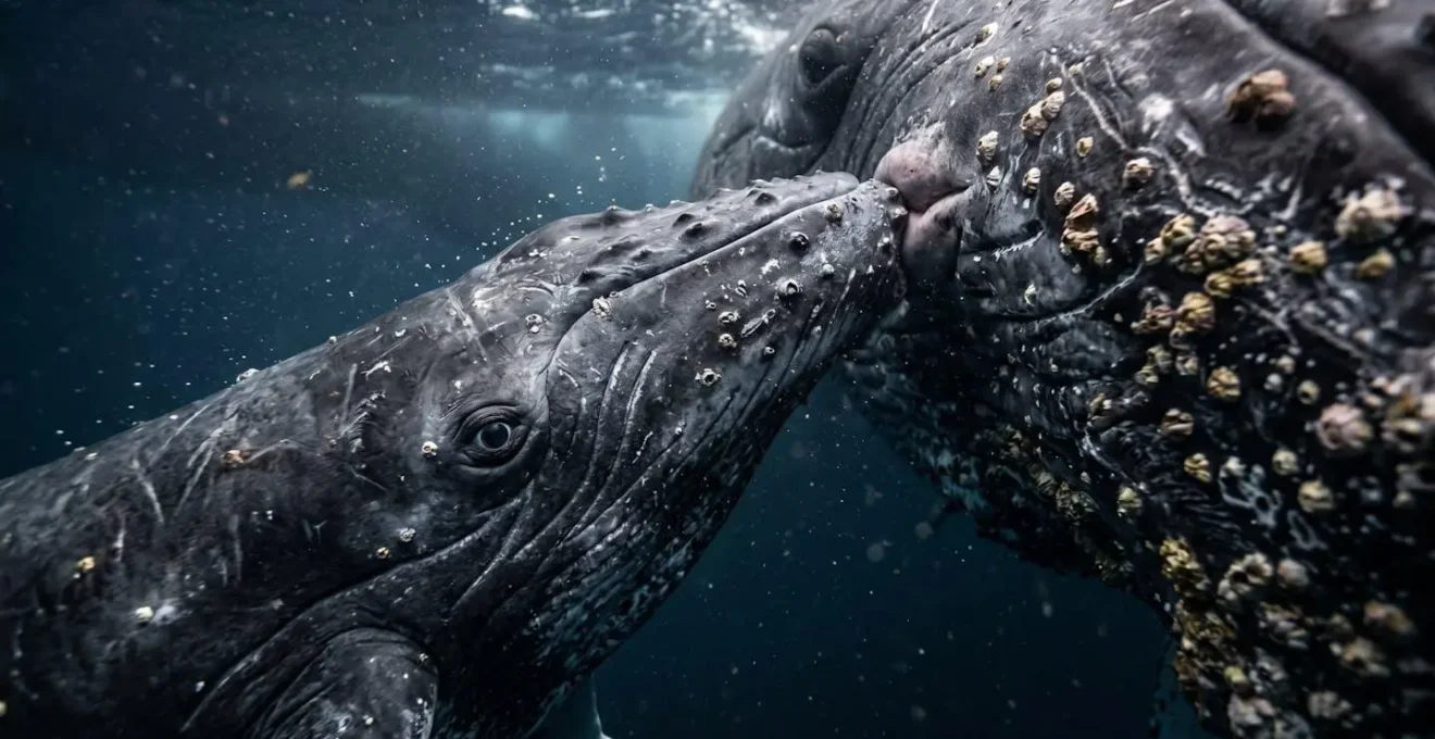 Close underwater view of a humpback whale calf nursing from its mother showing the intimate bond and energy transfer