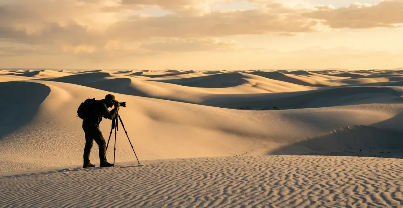 Professional photographer using exposure compensation techniques while photographing bright white sand dunes during golden hour