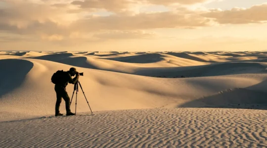 Professional photographer using exposure compensation techniques while photographing bright white sand dunes during golden hour