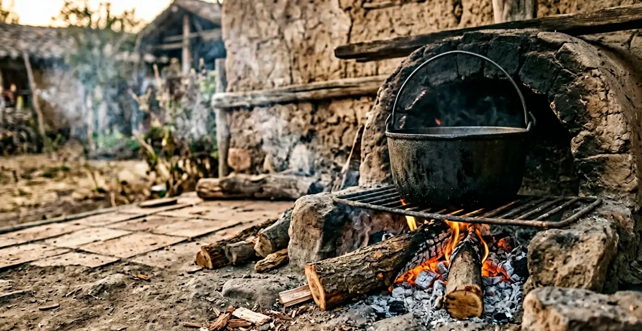 Traditional outdoor fogón wood-burning stove with cast iron pot cooking over glowing embers in natural light