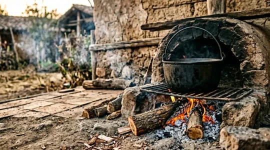 Traditional outdoor fogón wood-burning stove with cast iron pot cooking over glowing embers in natural light