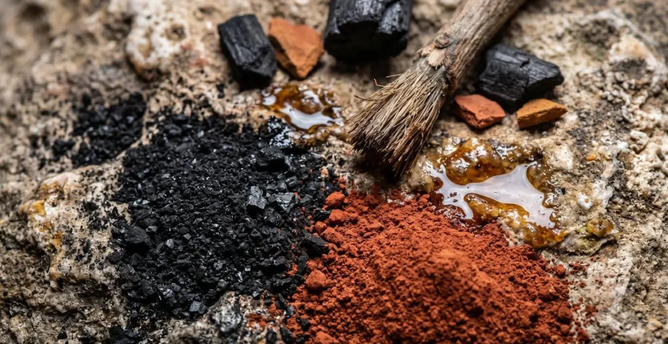 Extreme close-up of natural pigment materials on limestone surface