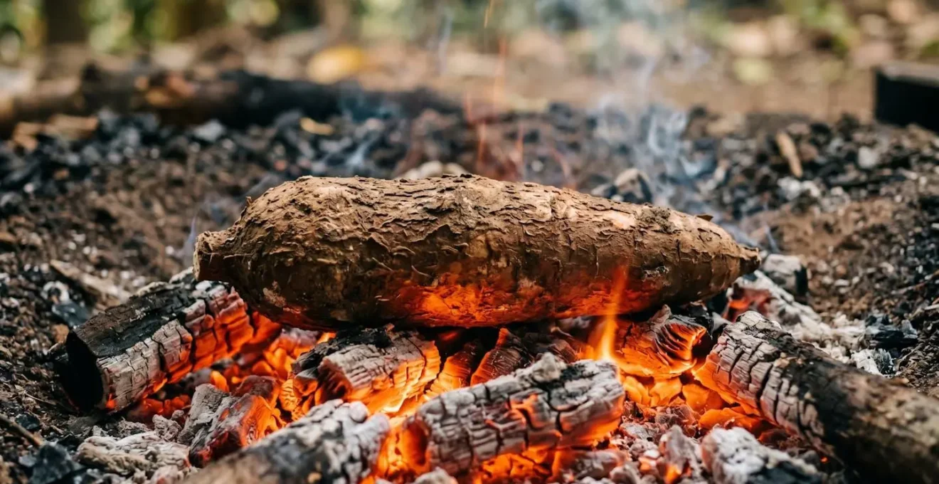 Close-up of whole cassava root roasting directly in glowing wood embers with natural outdoor lighting