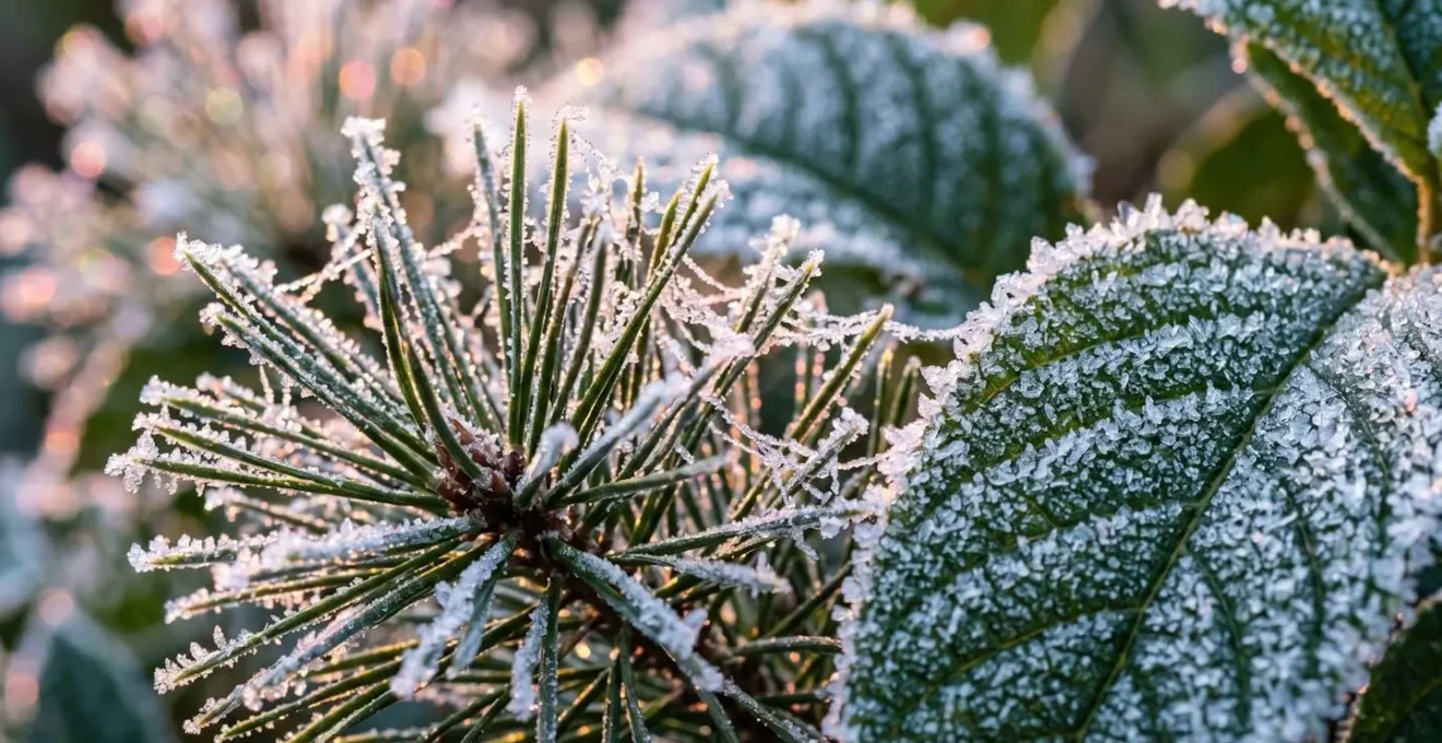 Close-up of frost crystals on pine needles and tropical plants at dawn