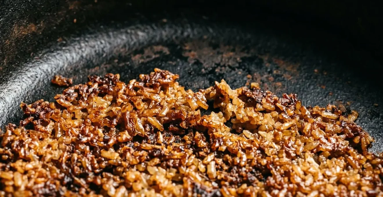 Macro view of golden-brown caramelized rice crust texture at bottom of traditional cooking pot