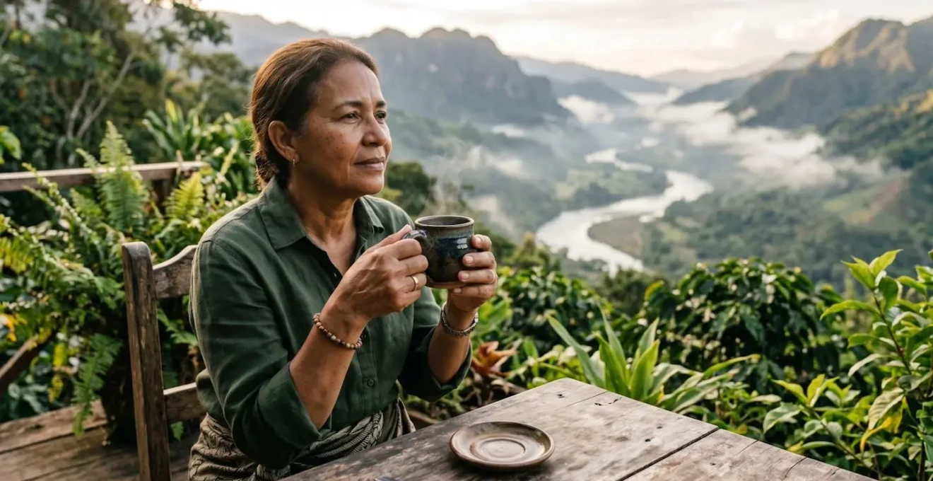 Cozy mountain café terrace overlooking river valley in morning sunlight