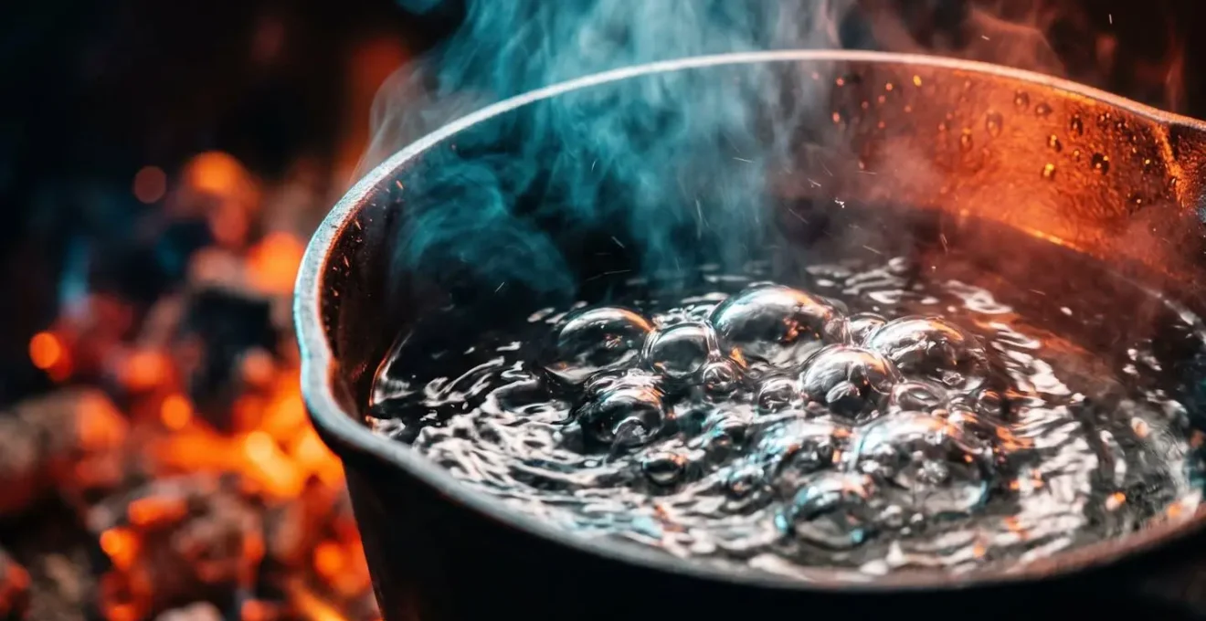 Close-up of intense rolling boil in heavy pot over wood fire with steam rising